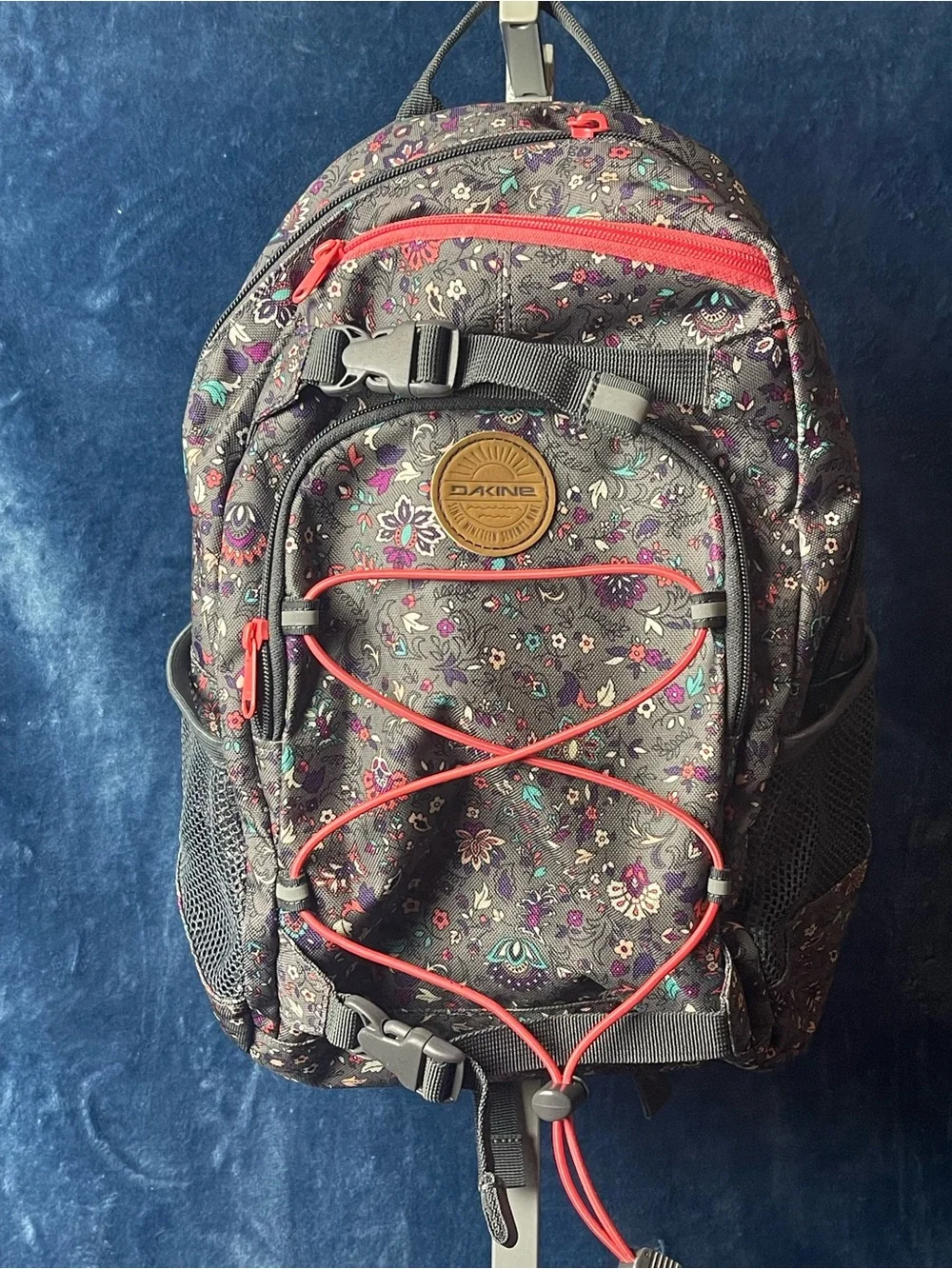 Dakine Gray Floral Backpack with Coral Bungee